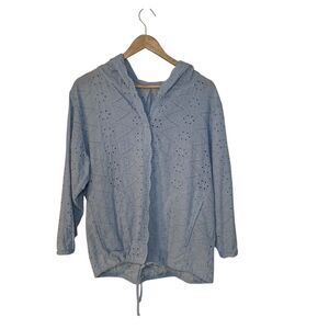 Cracker Barrel Womens Powder Blue Eyelet Hooded Lightweight Jacket L Beach Boho